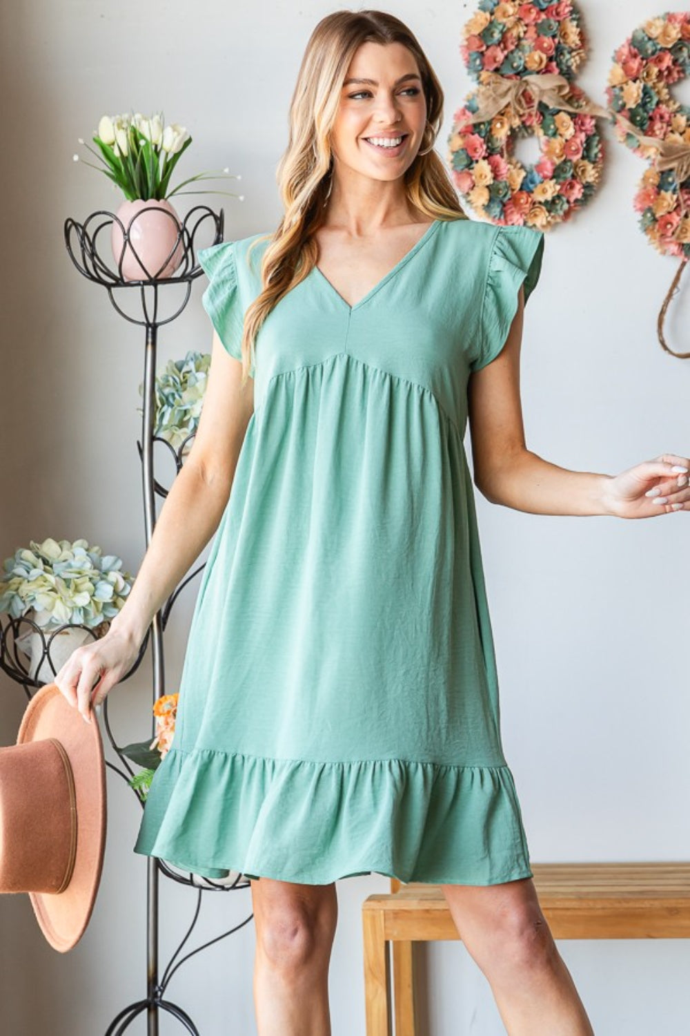 Blue Zone Planet | Heimish Full Size Short Sleeve V Neck Ruffled Hem Dress-TOPS / DRESSES-[Adult]-[Female]-Dusty Sage-S-2022 Online Blue Zone Planet