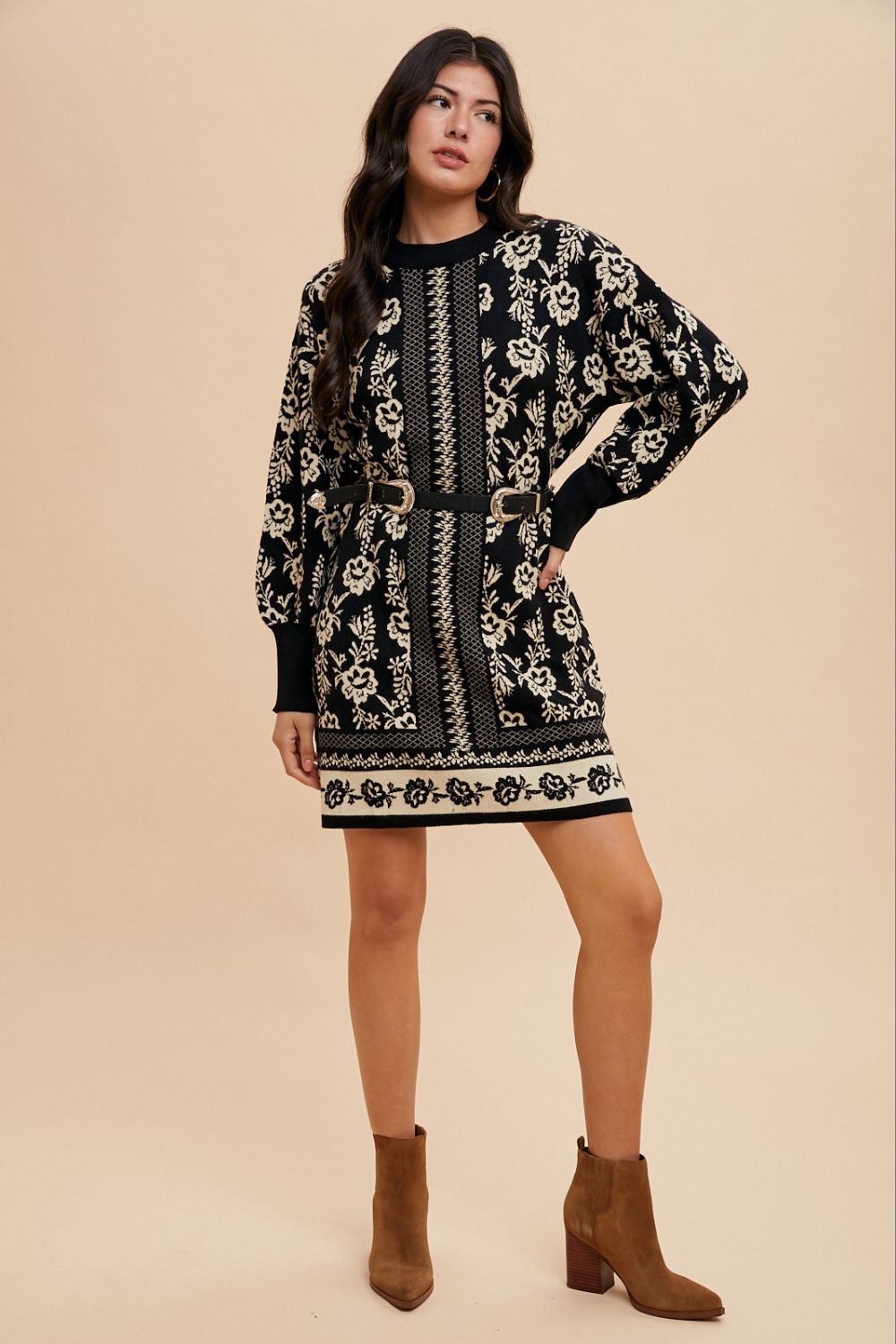 Blue Zone Planet | Annie Wear Floral Jacquard Round Neck Sweater Dress-TOPS / DRESSES-[Adult]-[Female]-2022 Online Blue Zone Planet