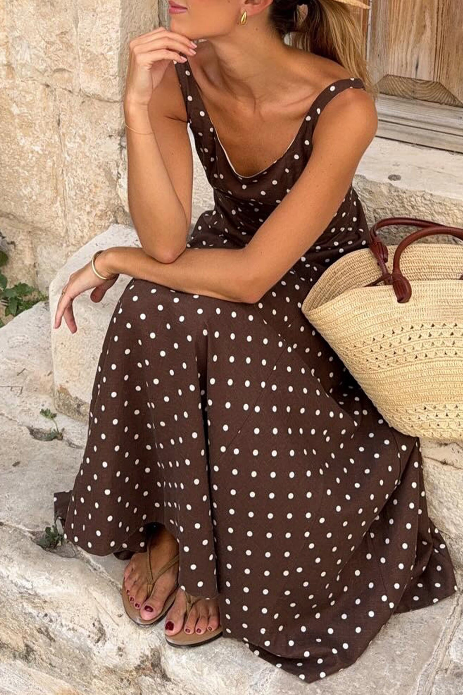 Brown Polka Dot Print Square Neck Sleeveless Vacation Long Dress-TOPS / DRESSES-[Adult]-[Female]-2022 Online Blue Zone Planet