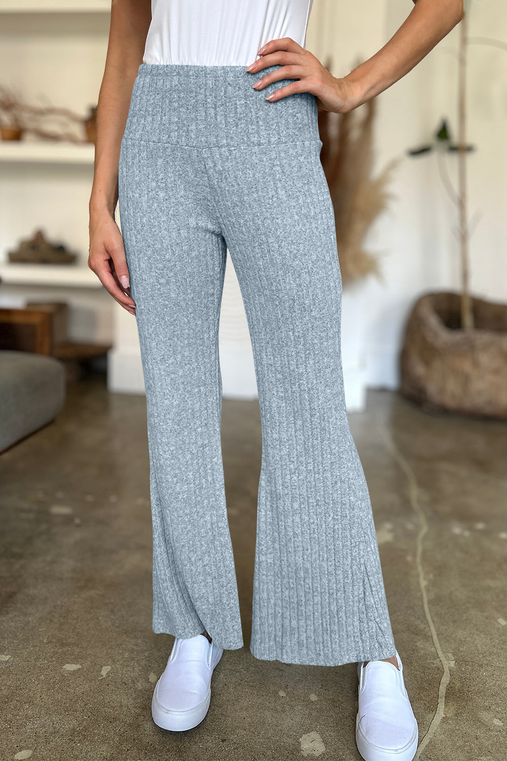 Blue Zone Planet | FAM-FAM Ribbed High Waist Flare Pants-BOTTOMS SIZES SMALL MEDIUM LARGE-[Adult]-[Female]-Light Blue-S-2022 Online Blue Zone Planet