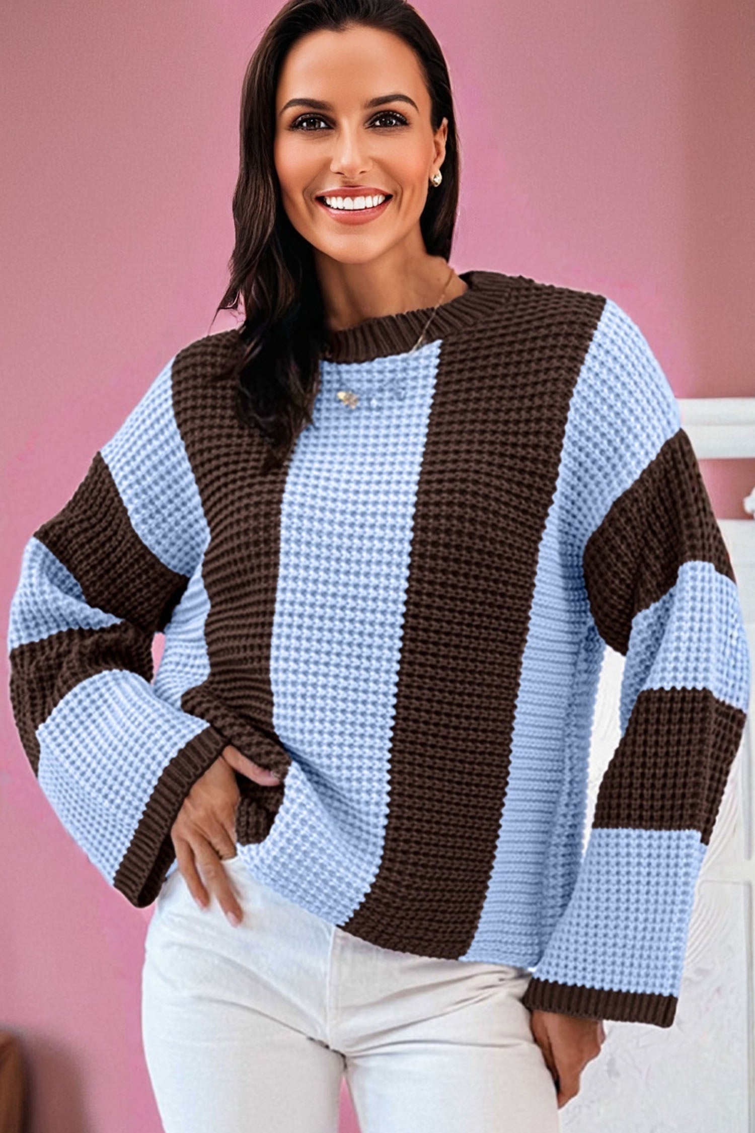 Myosotis Striped Color Block Thermal Textured Knit Drop Shoulder Sweater-TOPS / DRESSES-[Adult]-[Female]-2022 Online Blue Zone Planet