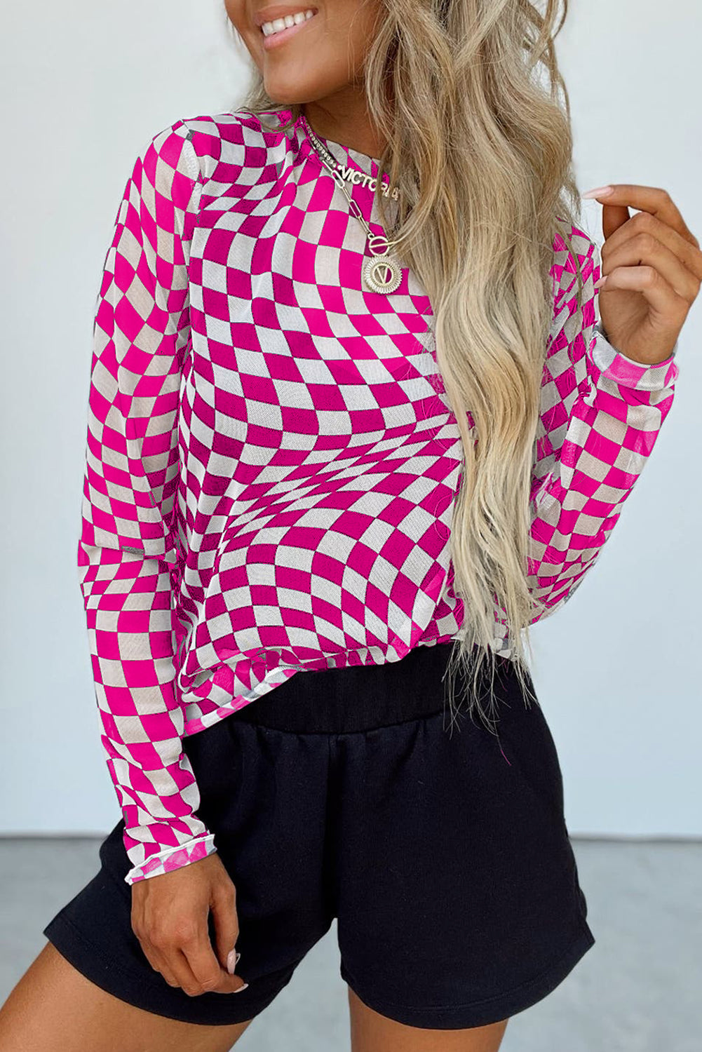 Rose Checkered Pattern Mesh Mock Neck Long Sleeve Top-Tops/Long Sleeve Tops-[Adult]-[Female]-Rose-S-2022 Online Blue Zone Planet