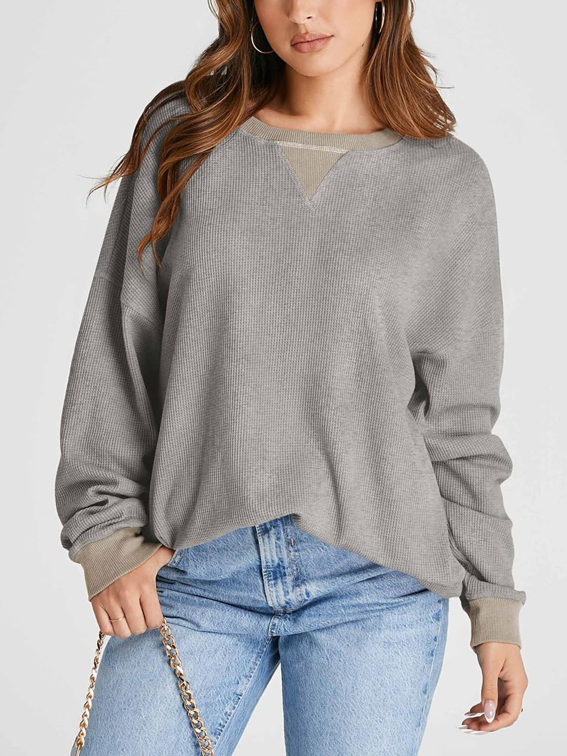 Waffle Knit Round Neck Long Sleeve T-Shirt-TOPS / DRESSES-[Adult]-[Female]-Gray-S-2022 Online Blue Zone Planet