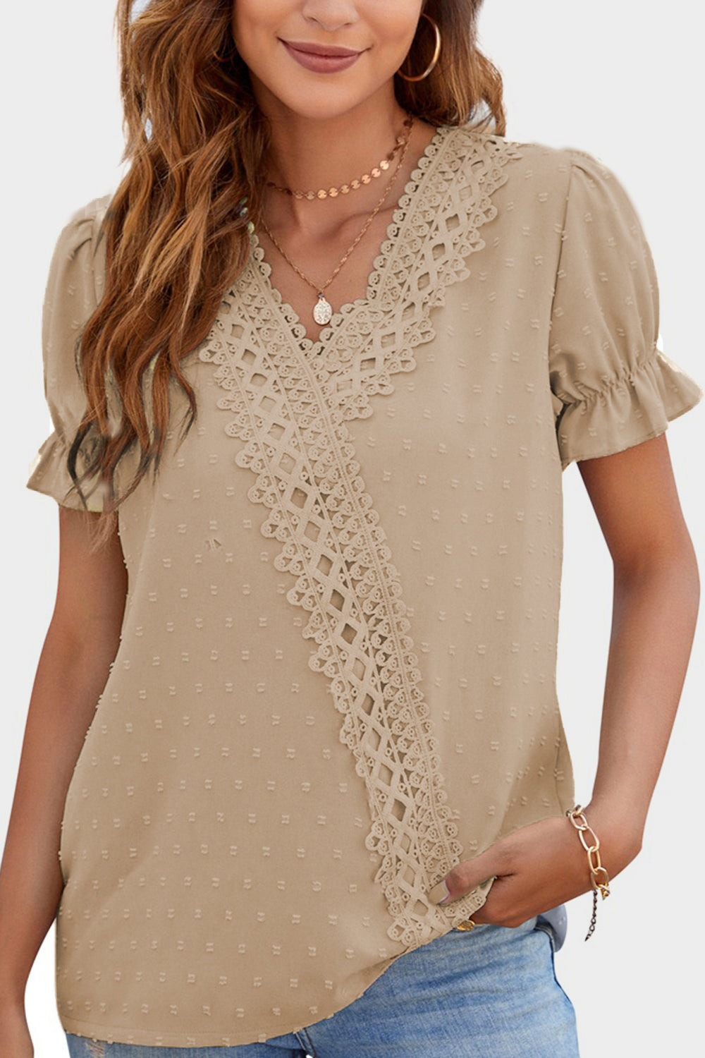 Mandy Swiss Dot Lace Detail V-Neck Short Sleeve Blouse-TOPS / DRESSES-[Adult]-[Female]-2022 Online Blue Zone Planet