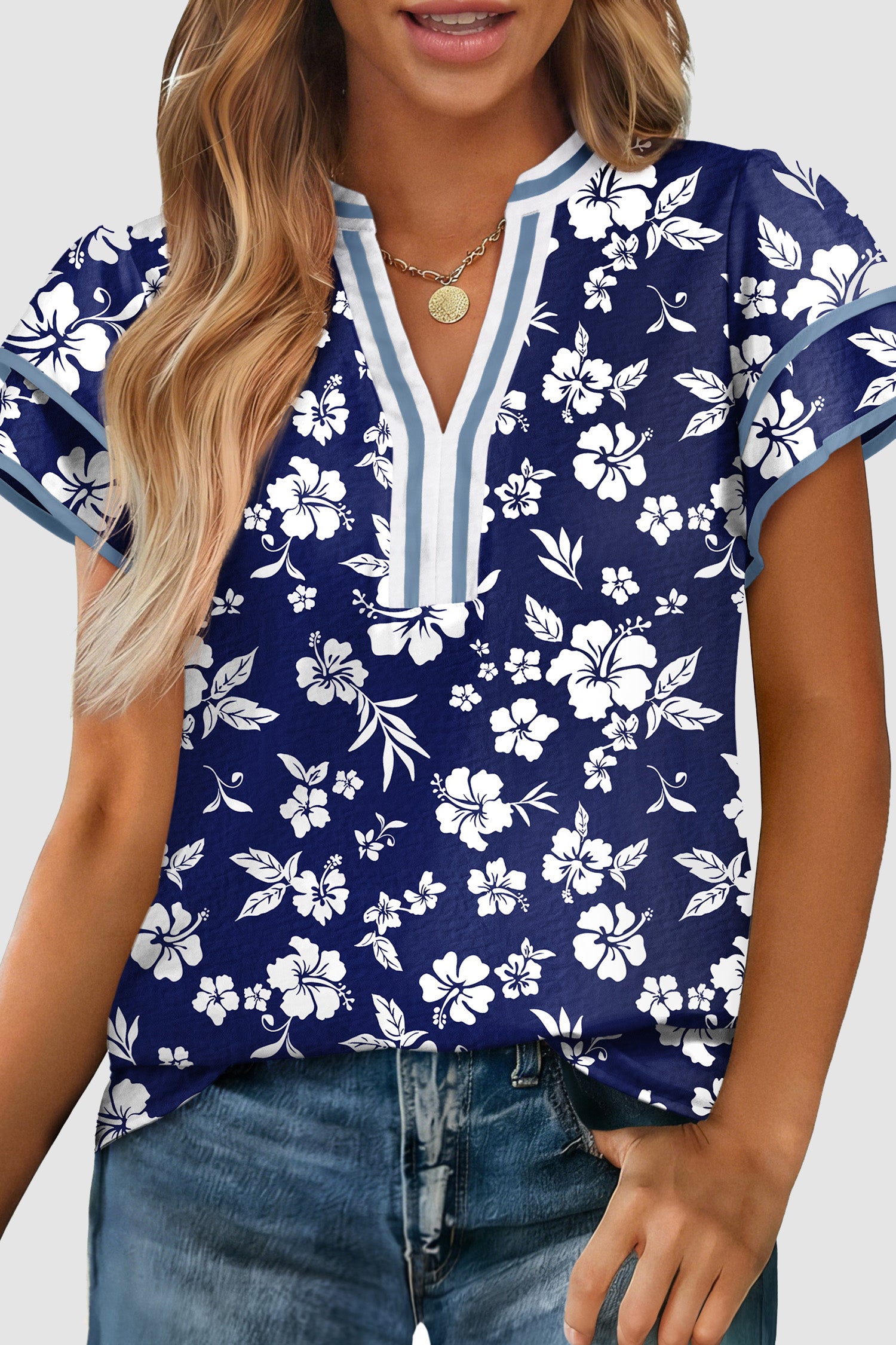 Blue Floral Print Contrast Trim Split Neck Double Ruffle Short Sleeve Blouse-Tops/Blouses & Shirts-[Adult]-[Female]-Blue-S-2022 Online Blue Zone Planet