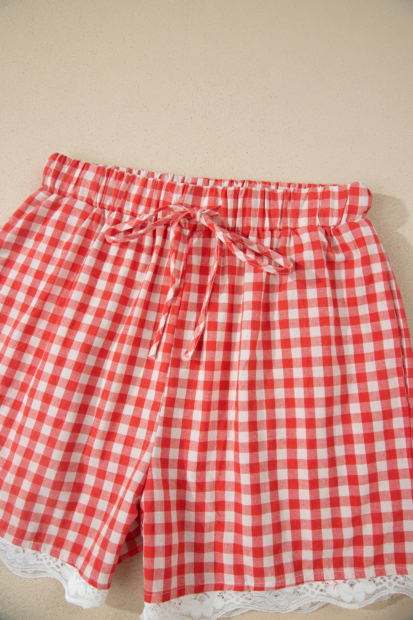 Red Gingham Plaid Tie Elastic Waist Lace Patchwork Hem Casual Shorts-Bottoms/Casual Shorts-[Adult]-[Female]-2022 Online Blue Zone Planet