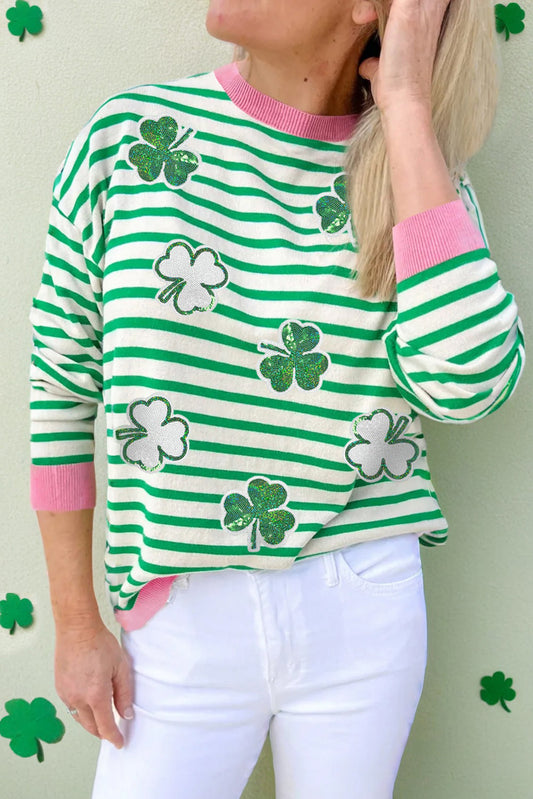 Bright Green Striped Sequin Clover Graphic Colorblock Long Sleeve St Patrick Top-Graphic/Graphic Long Sleeve Tees-[Adult]-[Female]-Bright Green-S-2022 Online Blue Zone Planet
