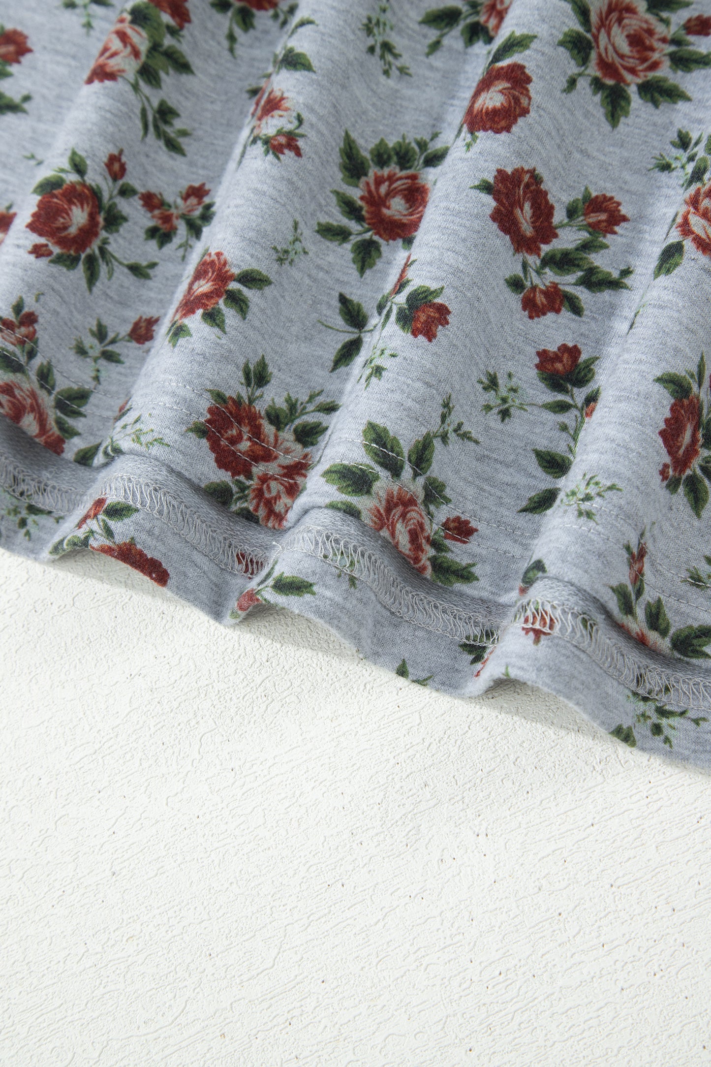 Gray Retro Floral Print Denim Patchwork Plus Size Polo Tee-Plus Size/Plus Size Tops/Plus Size Tops & Tees-[Adult]-[Female]-2022 Online Blue Zone Planet