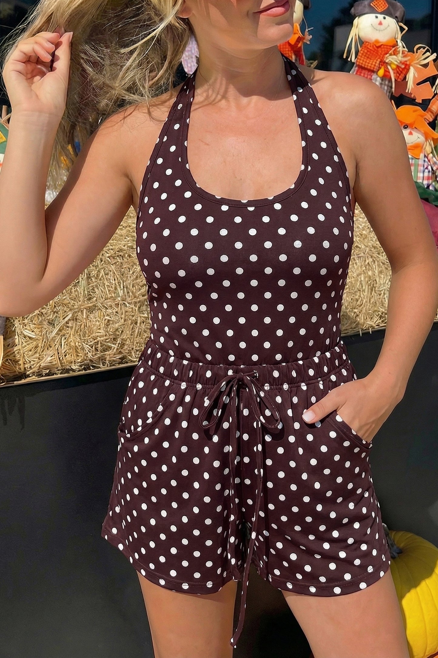 Brown Polka Dot Halter Tank Drawstring Elastic Waist Short Set-Two Piece Sets/Short Sets-[Adult]-[Female]-Brown-S-2022 Online Blue Zone Planet