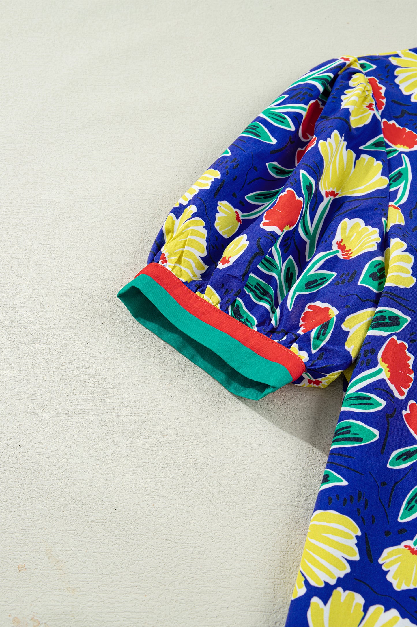 Blue Wild Floral Printed Contrast Striped Patchwork V Neck Short Sleeve Blouse-Tops/Blouses & Shirts-[Adult]-[Female]-2022 Online Blue Zone Planet