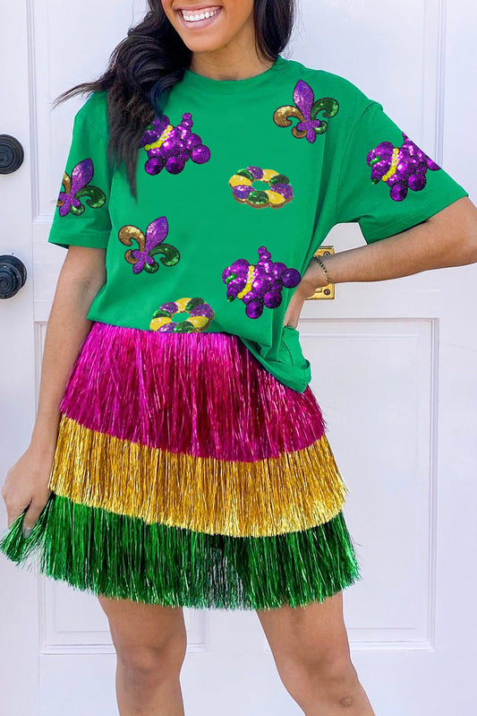 Bright Green Mardi Gras Sequin Patched Graphic Tee-Graphic/Graphic Tees-[Adult]-[Female]-Bright Green-S-2022 Online Blue Zone Planet