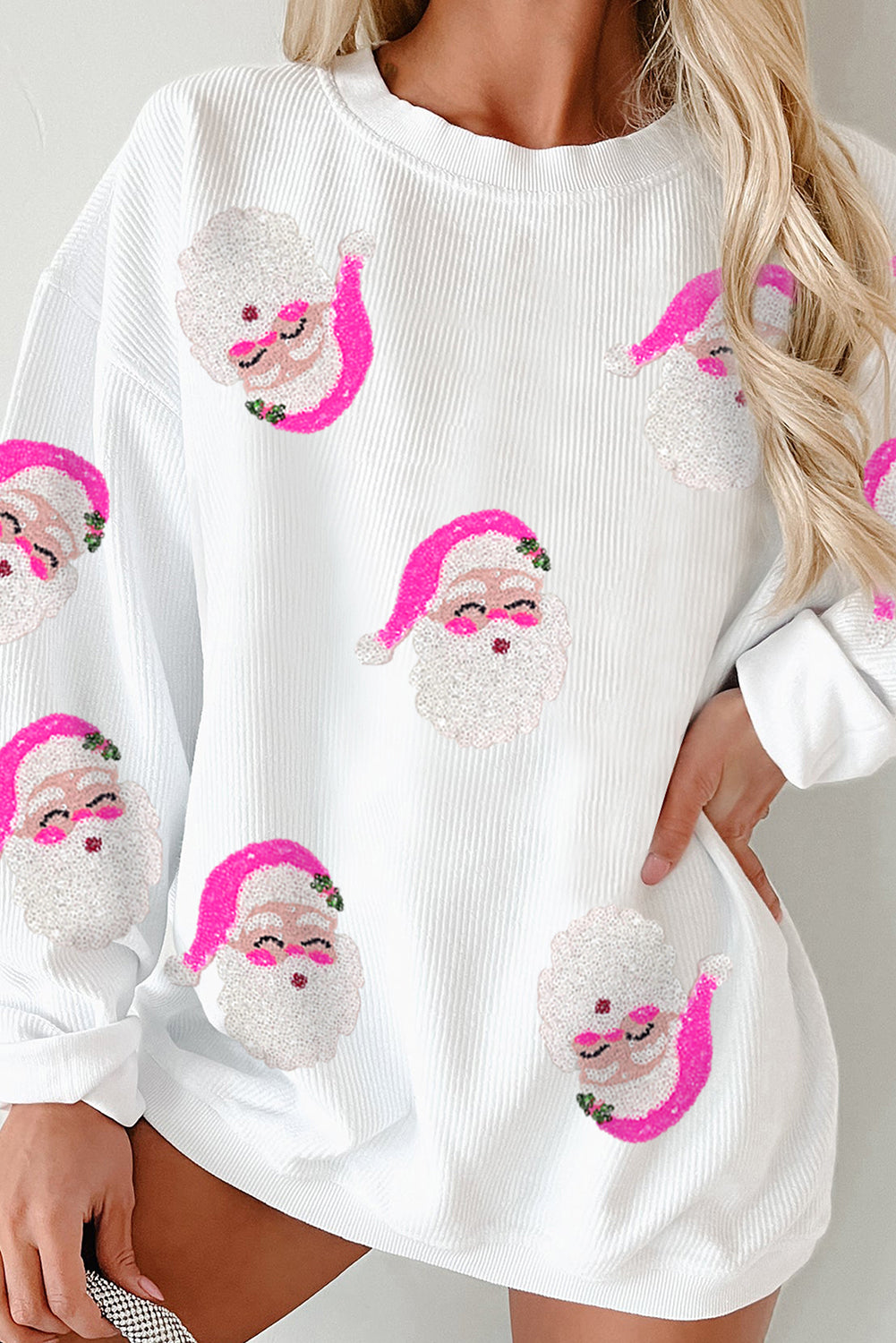 Blue Zone Planet | White Sequin Santa Claus Ribbed Oversized Graphic Sweatshirt-Graphic Sweatshirts-[Adult]-[Female]-2022 Online Blue Zone Planet