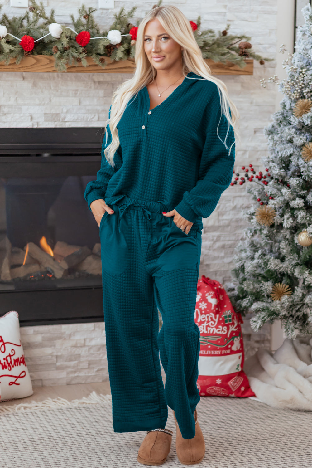 Skobeloff Waffled Textured Raw Edge Patchwork 2pcs Loose Pant Set-Two Piece Sets/Pant Sets-[Adult]-[Female]-2022 Online Blue Zone Planet