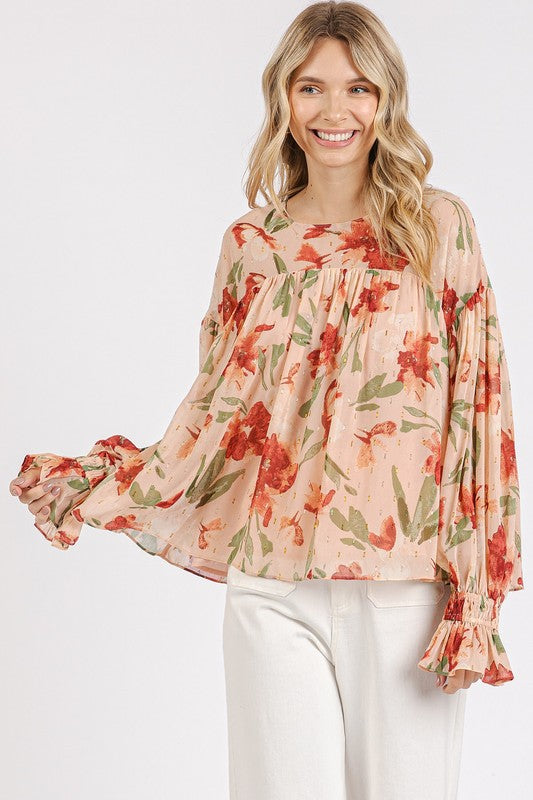 Mittoshop Floral Round Neck Flounce Sleeve Blouse-TOPS / DRESSES-[Adult]-[Female]-2022 Online Blue Zone Planet