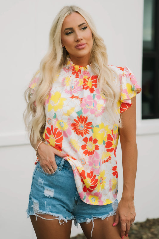 Multicolor Stand Collar Flutter Sleeves Floral Top-Sale (50% OFF)/30% OFF-[Adult]-[Female]-Multicolor-S-2022 Online Blue Zone Planet