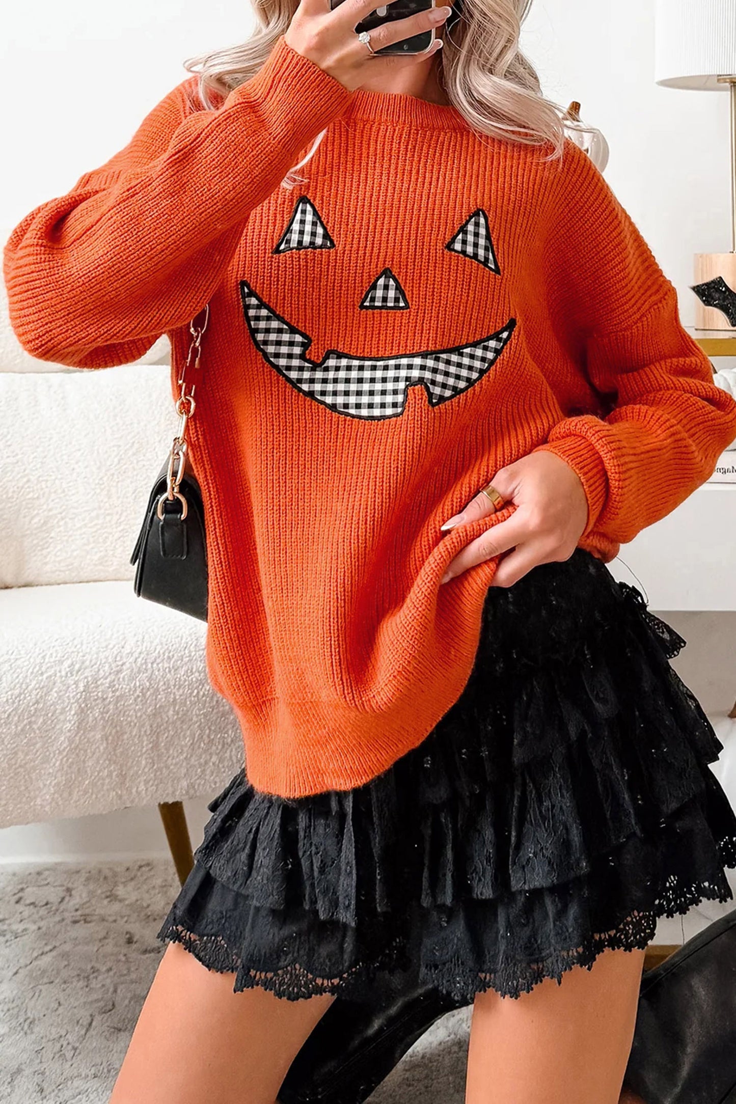 Orange Drop Shoulder Long Sleeve Round Neck Halloween Sweater-Sweaters & Cardigans/Sweaters-[Adult]-[Female]-2022 Online Blue Zone Planet