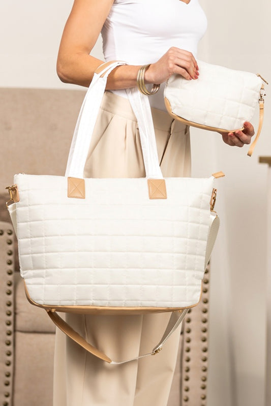 White Quilted Patchwork Large Tote Bag and Clutch 2pcs Set-Shoes & Bags/Shoulder Bags-[Adult]-[Female]-White-ONE SIZE-2022 Online Blue Zone Planet