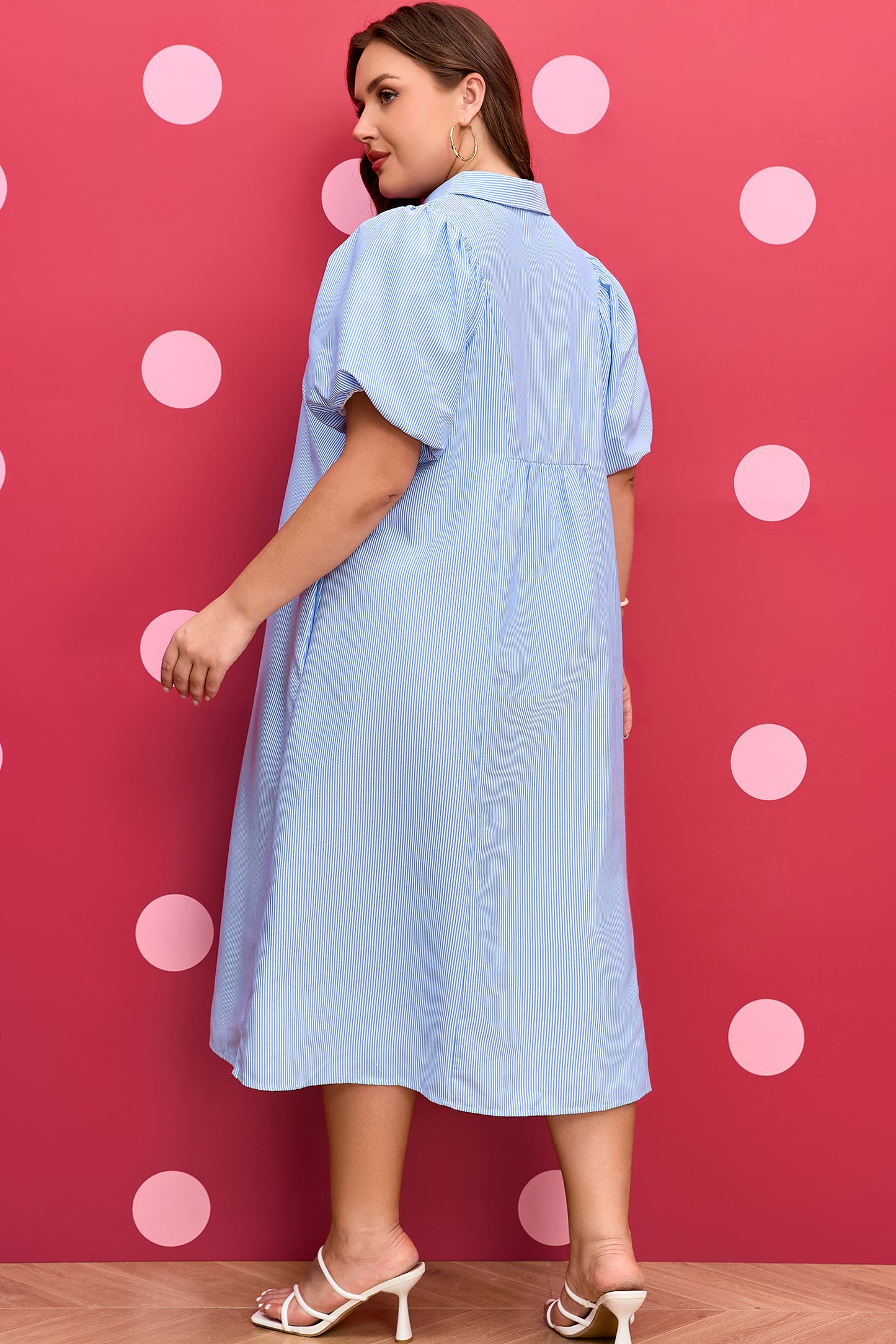 Sky Blue Stripe Shirred Detail Collar V Neck Plus Size Midi Dress-TOPS / DRESSES-[Adult]-[Female]-2022 Online Blue Zone Planet
