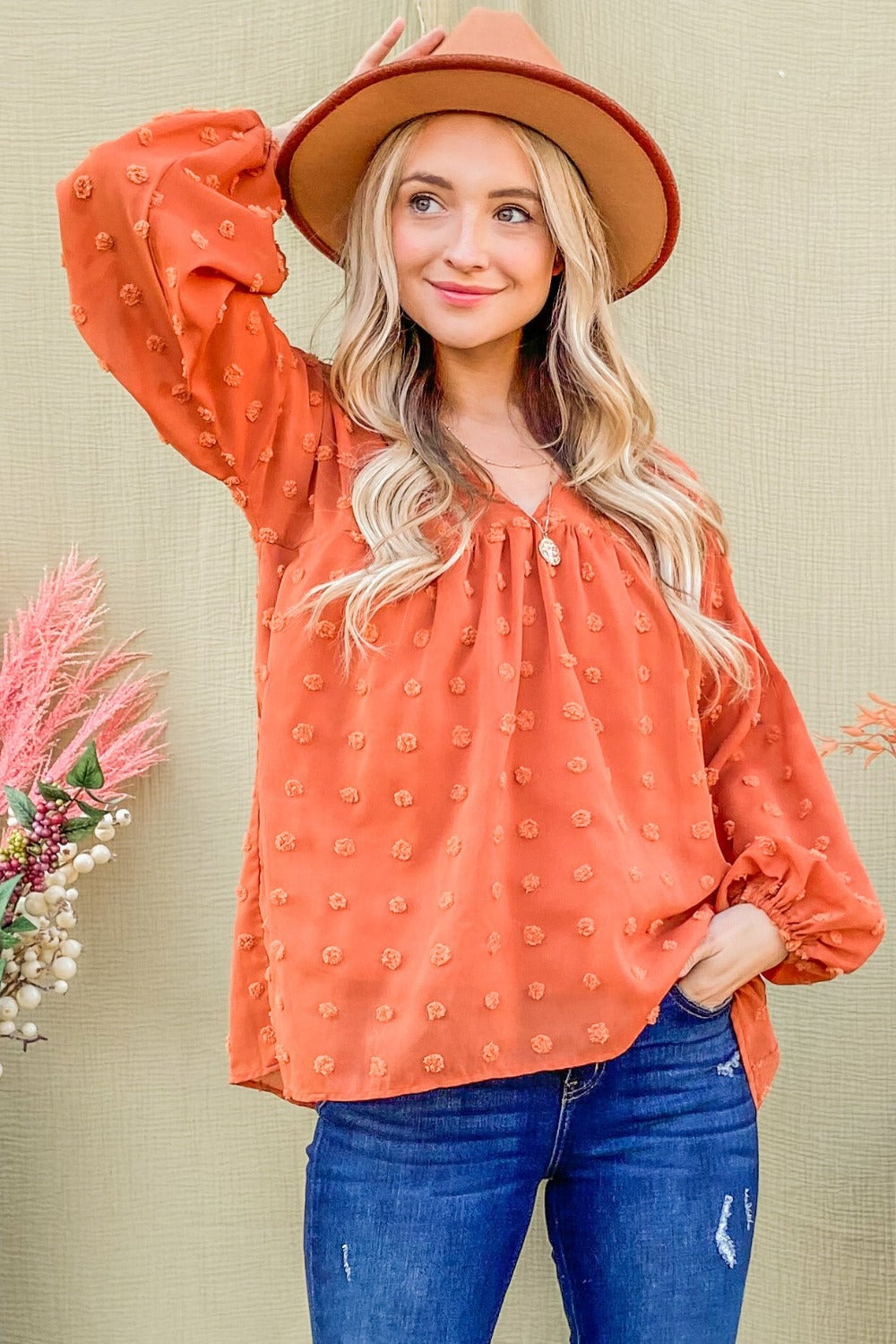 And The Why Swiss Dot V Neck Balloon Sleeve Woven Blouse-TOPS / DRESSES-[Adult]-[Female]-Rust-S-2022 Online Blue Zone Planet