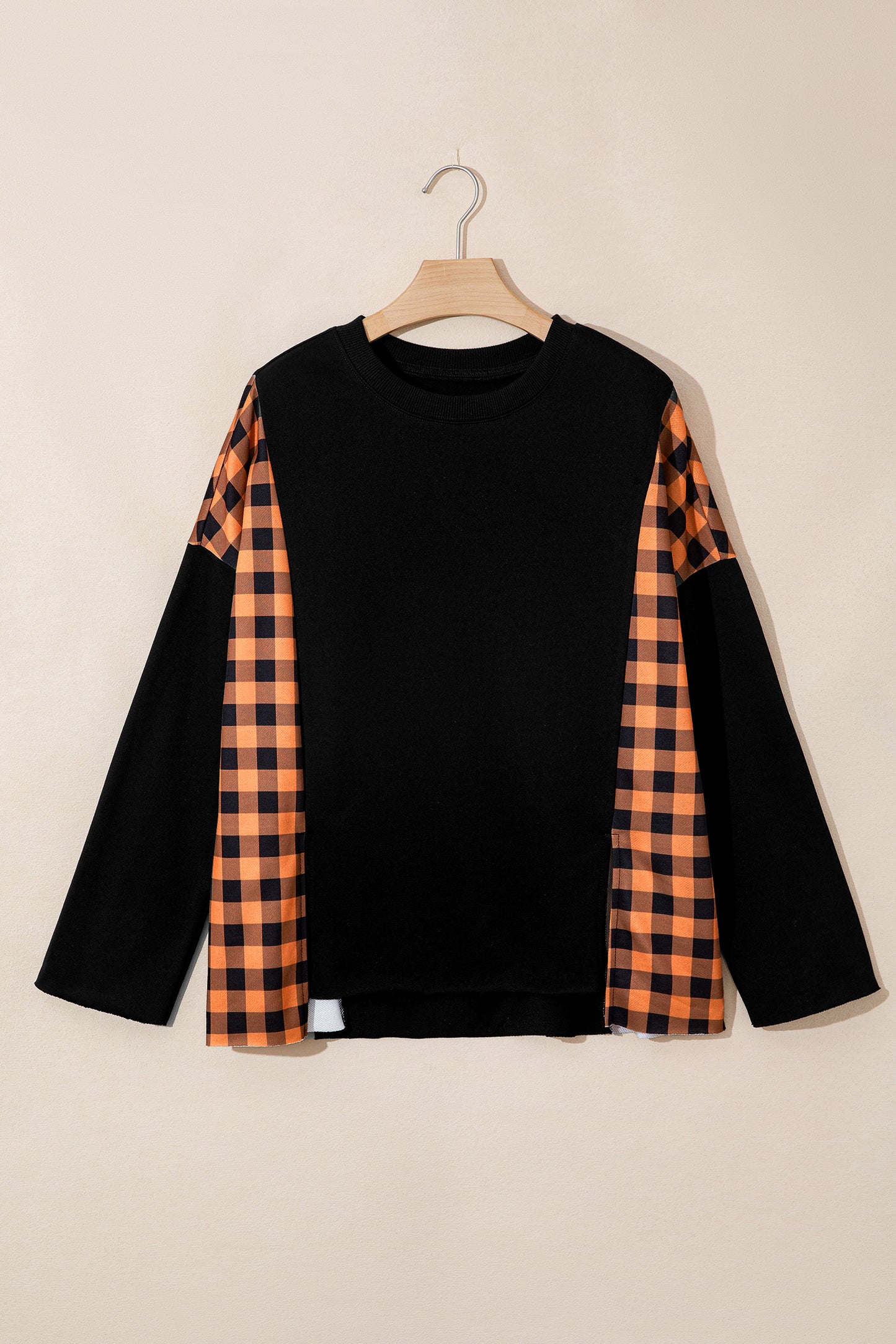Black Patchwork Plaid Pumpkin Face Long Sleeve Top-Tops/Long Sleeve Tops-[Adult]-[Female]-2022 Online Blue Zone Planet