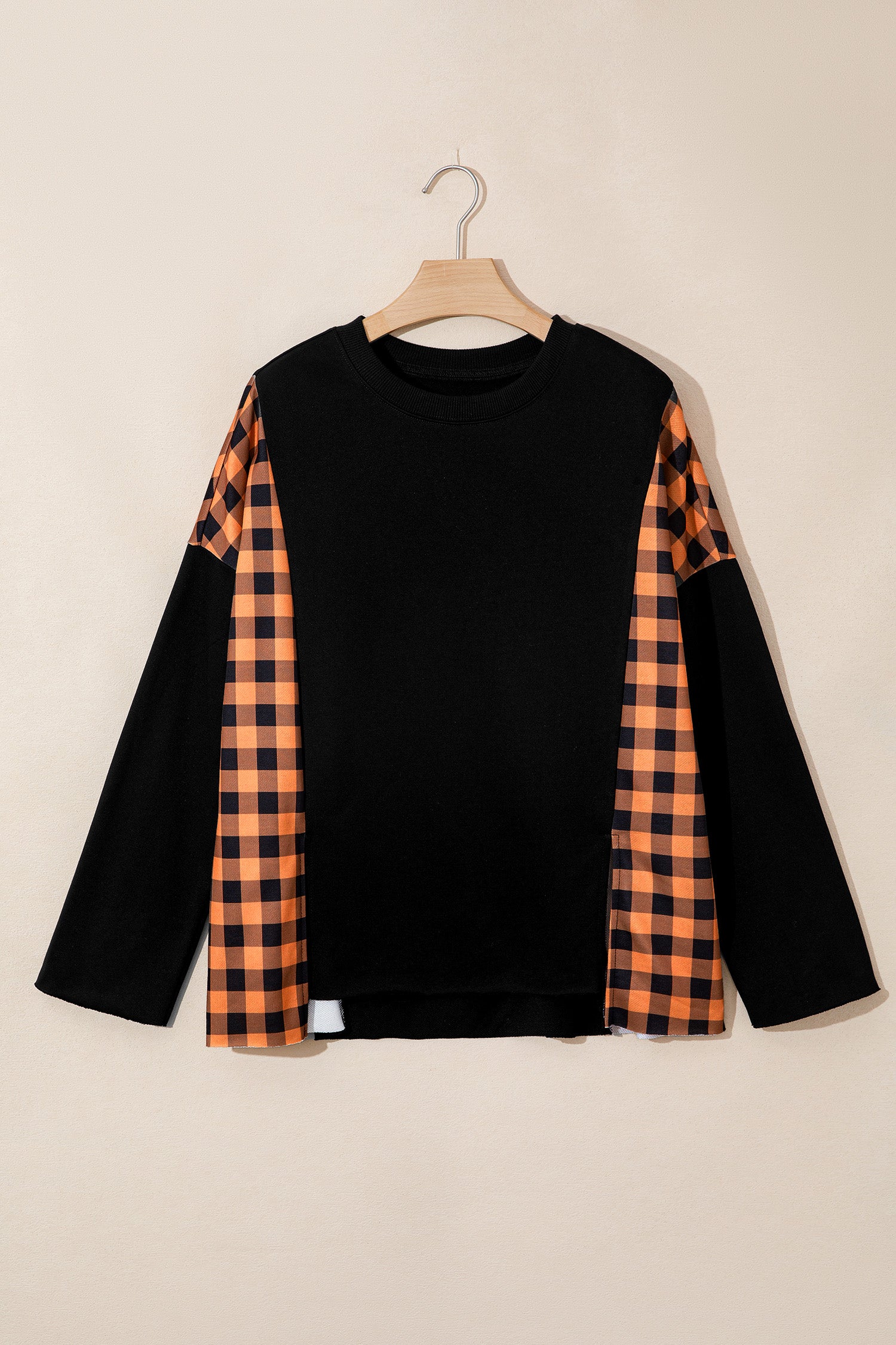 Black Patchwork Plaid Pumpkin Face Long Sleeve Top-Tops/Long Sleeve Tops-[Adult]-[Female]-2022 Online Blue Zone Planet
