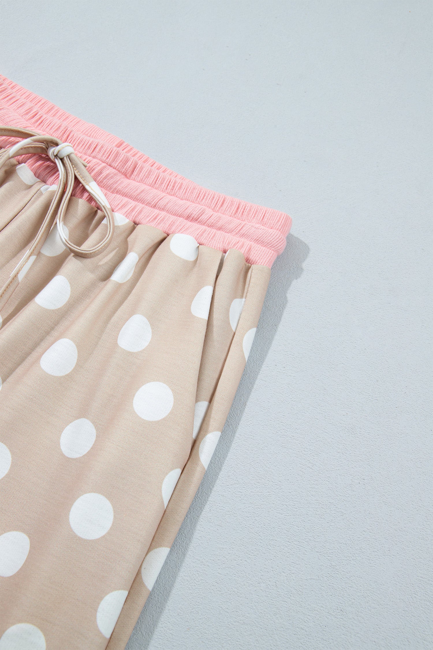 Khaki Polka Dot Contrast Trim Long Sleeve Top Drawstring Shift Pants Set-Two Piece Sets/Pant Sets-[Adult]-[Female]-2022 Online Blue Zone Planet