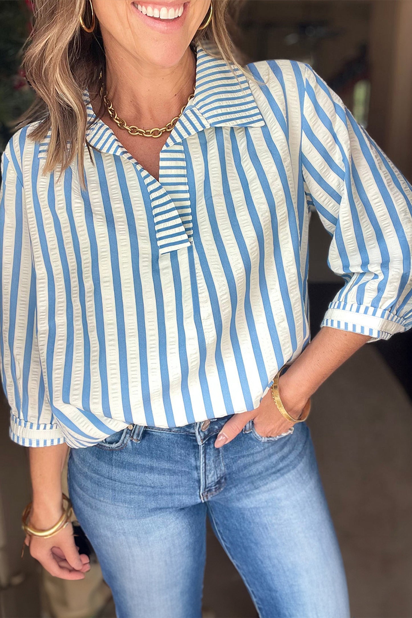 Sky Blue Stripe 3/4 Sleeve Collared Neck Blouse-Tops/Blouses & Shirts-[Adult]-[Female]-Sky Blue Stripe-S-2022 Online Blue Zone Planet