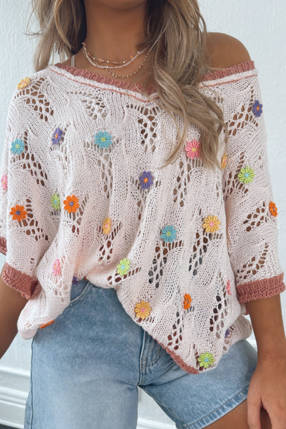 Delicacy Embroidered Flowers Colorblock Edge Hollowed Sweater-TOPS / DRESSES-[Adult]-[Female]-Delicacy-S-2022 Online Blue Zone Planet
