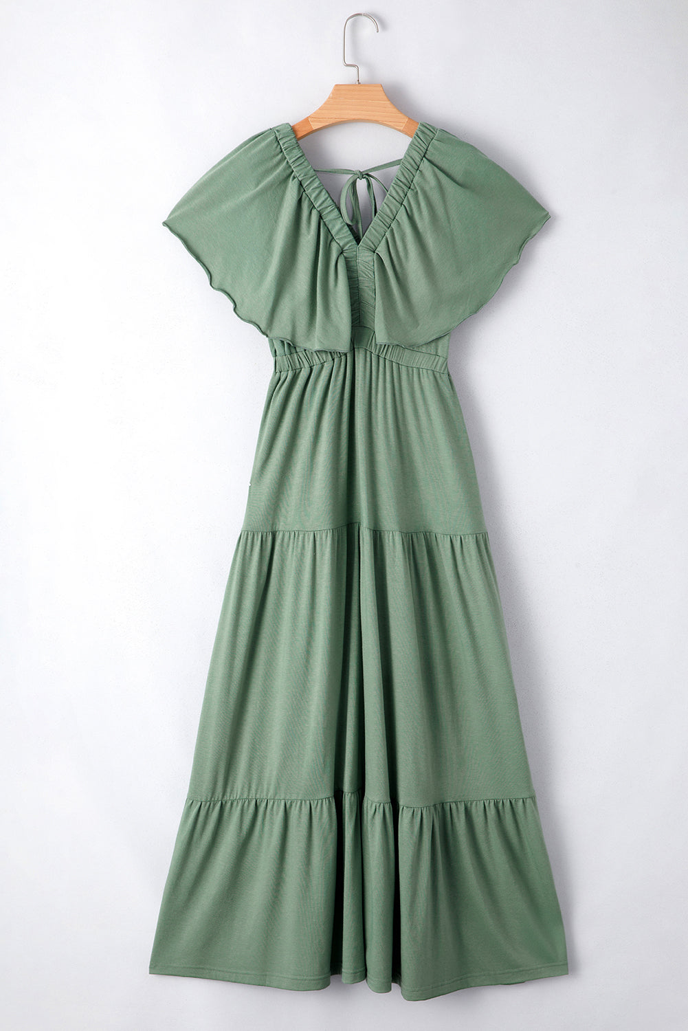 Grass Green Textured V Neck Flutter Sleeve Ruffled Maxi Dress-TOPS / DRESSES-[Adult]-[Female]-2022 Online Blue Zone Planet
