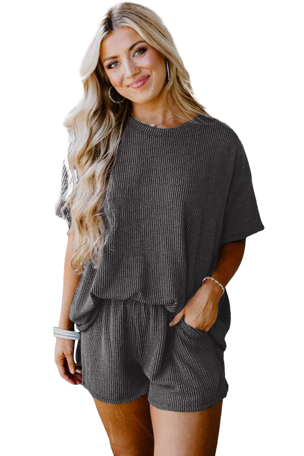 Carbon Grey Ribbed Textured Knit Loose Fit Tee and Shorts Set-Two Piece Sets/Short Sets-[Adult]-[Female]-2022 Online Blue Zone Planet