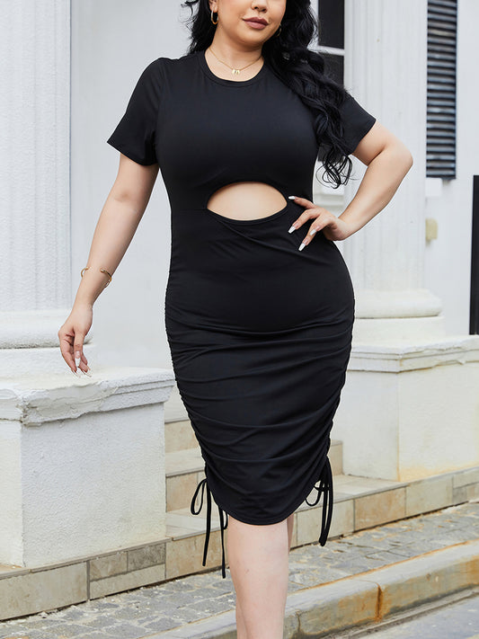 Plus Size Cutout Ruched Round Neck Short Sleeve Dress-TOPS / DRESSES-[Adult]-[Female]-Black-1XL-2022 Online Blue Zone Planet