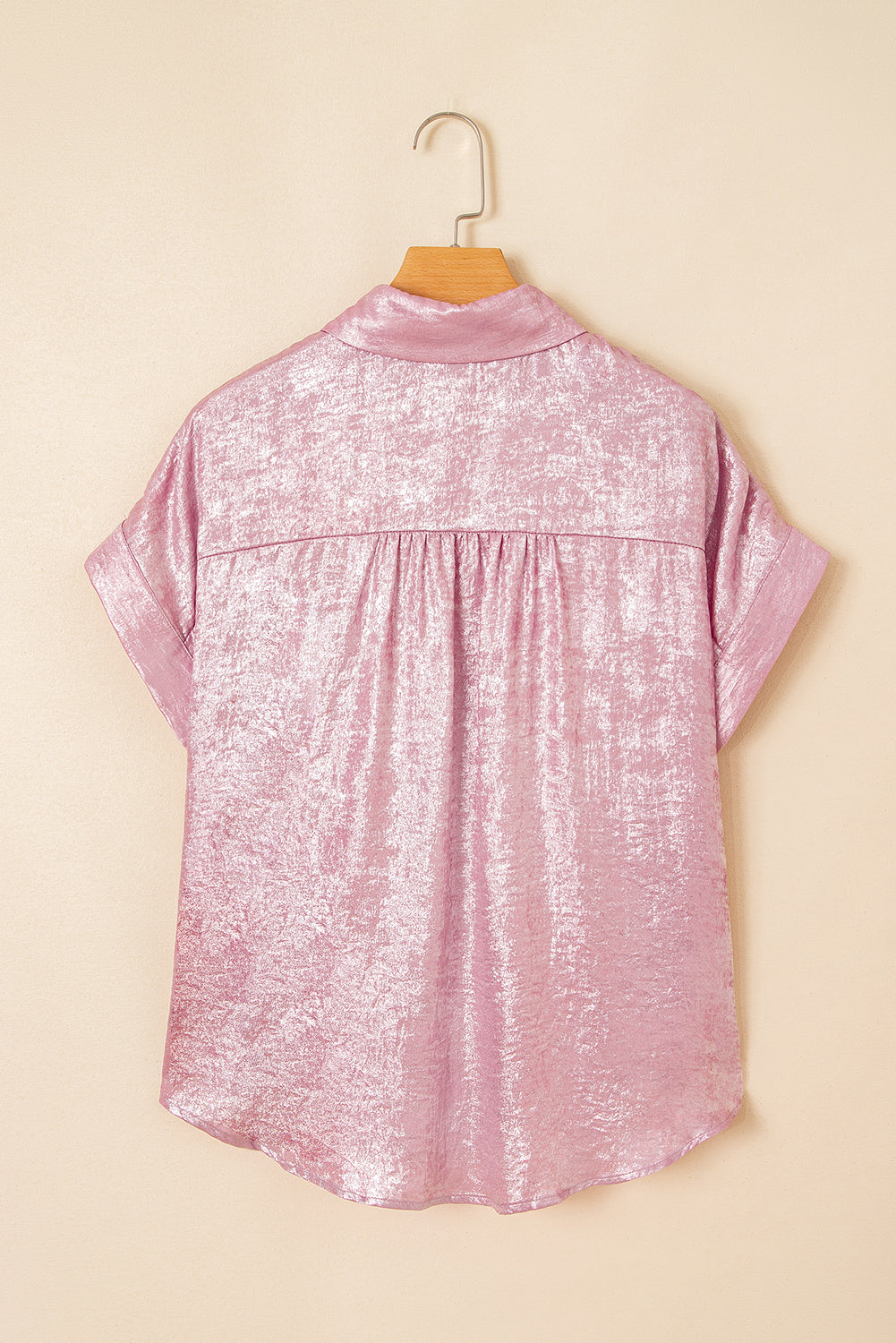 Pink Metallic Sheen Short Sleeve Buttoned Front Casual Shirt-Tops/Blouses & Shirts-[Adult]-[Female]-2022 Online Blue Zone Planet
