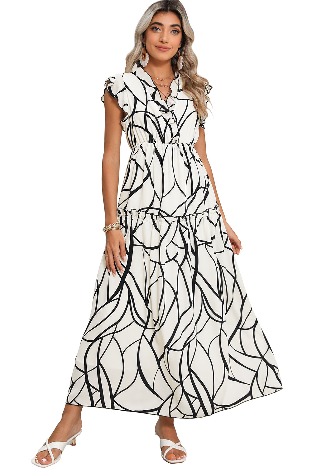 White Abstract Print V Neck Ruffle Maxi Dress-Maxi Dresses-[Adult]-[Female]-2022 Online Blue Zone Planet