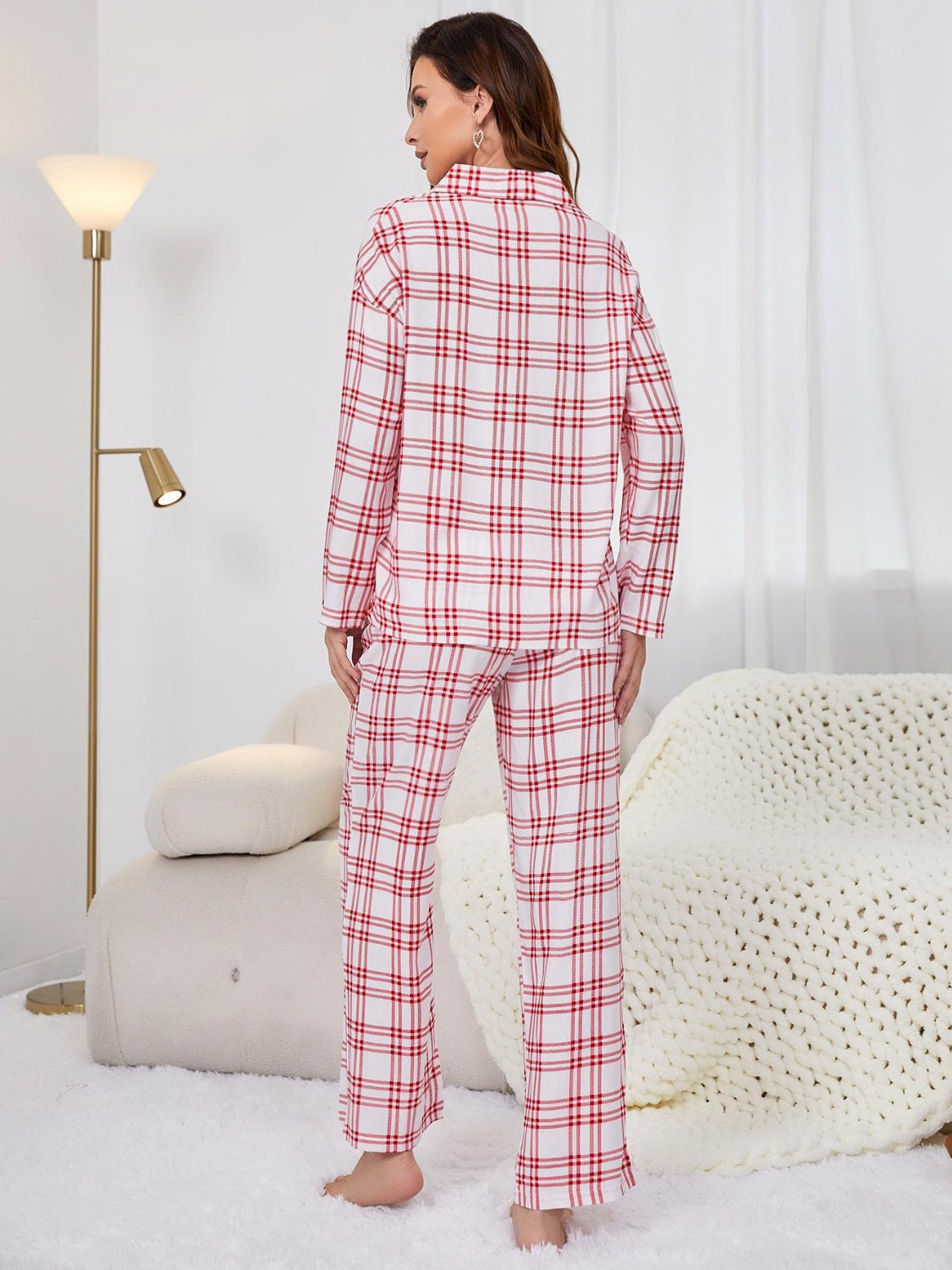 Plaid Collared Neck Long Sleeve Top and Pants Lounge Set-TOPS / DRESSES-[Adult]-[Female]-2022 Online Blue Zone Planet