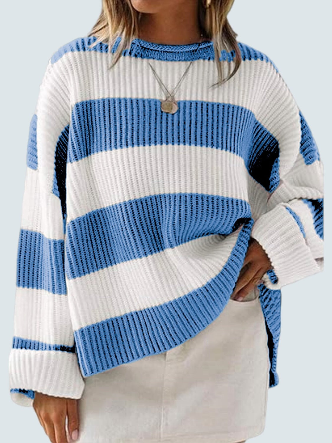 Round Neck Long Sleeve Sweater-NEW ARRIVALS-[Adult]-[Female]-Blue-S-2022 Online Blue Zone Planet