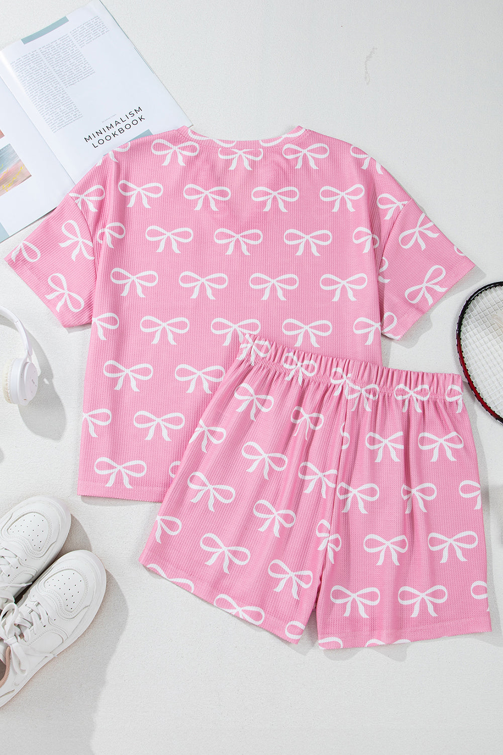 Blue Zone Planet | Pink Waffle Knit Bowknot Printed V Neck T Shirt And Shorts Set-Two Piece Shorts Sets-[Adult]-[Female]-2022 Online Blue Zone Planet