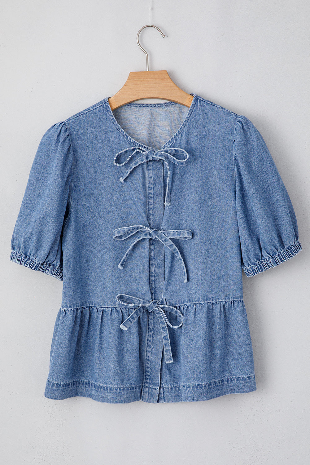 Dusk Blue Tied Front Bubble Sleeve Peplum Denim Shirt-Tops/Blouses & Shirts-[Adult]-[Female]-2022 Online Blue Zone Planet