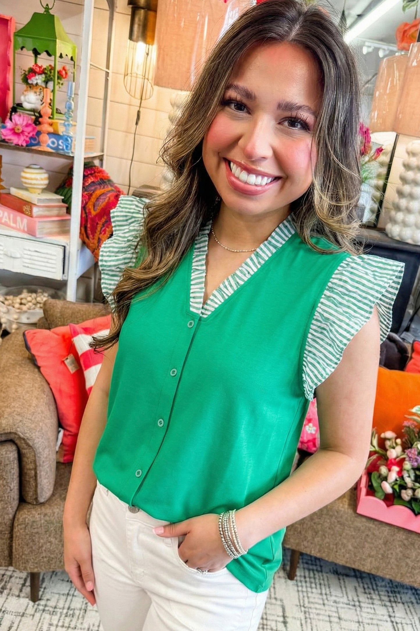 Dark Green Plus Size Button Front Ruffled Stripe Trim V Neck Flutter Sleeve Blouse-Plus Size/Plus Size Tops/Plus Size Blouses & Shirts-[Adult]-[Female]-2022 Online Blue Zone Planet