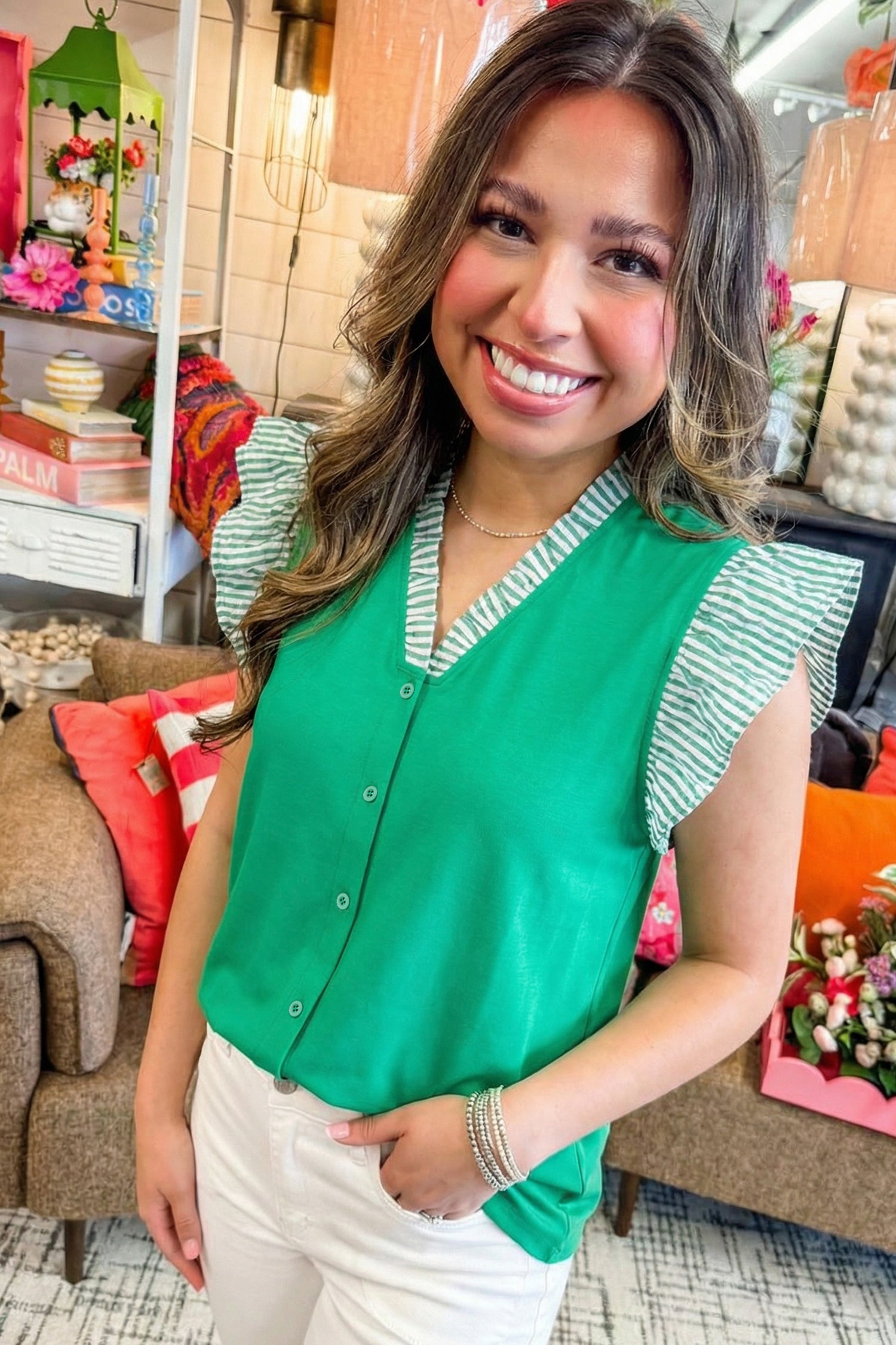 Dark Green Plus Size Button Front Ruffled Stripe Trim V Neck Flutter Sleeve Blouse-Plus Size/Plus Size Tops/Plus Size Blouses & Shirts-[Adult]-[Female]-2022 Online Blue Zone Planet