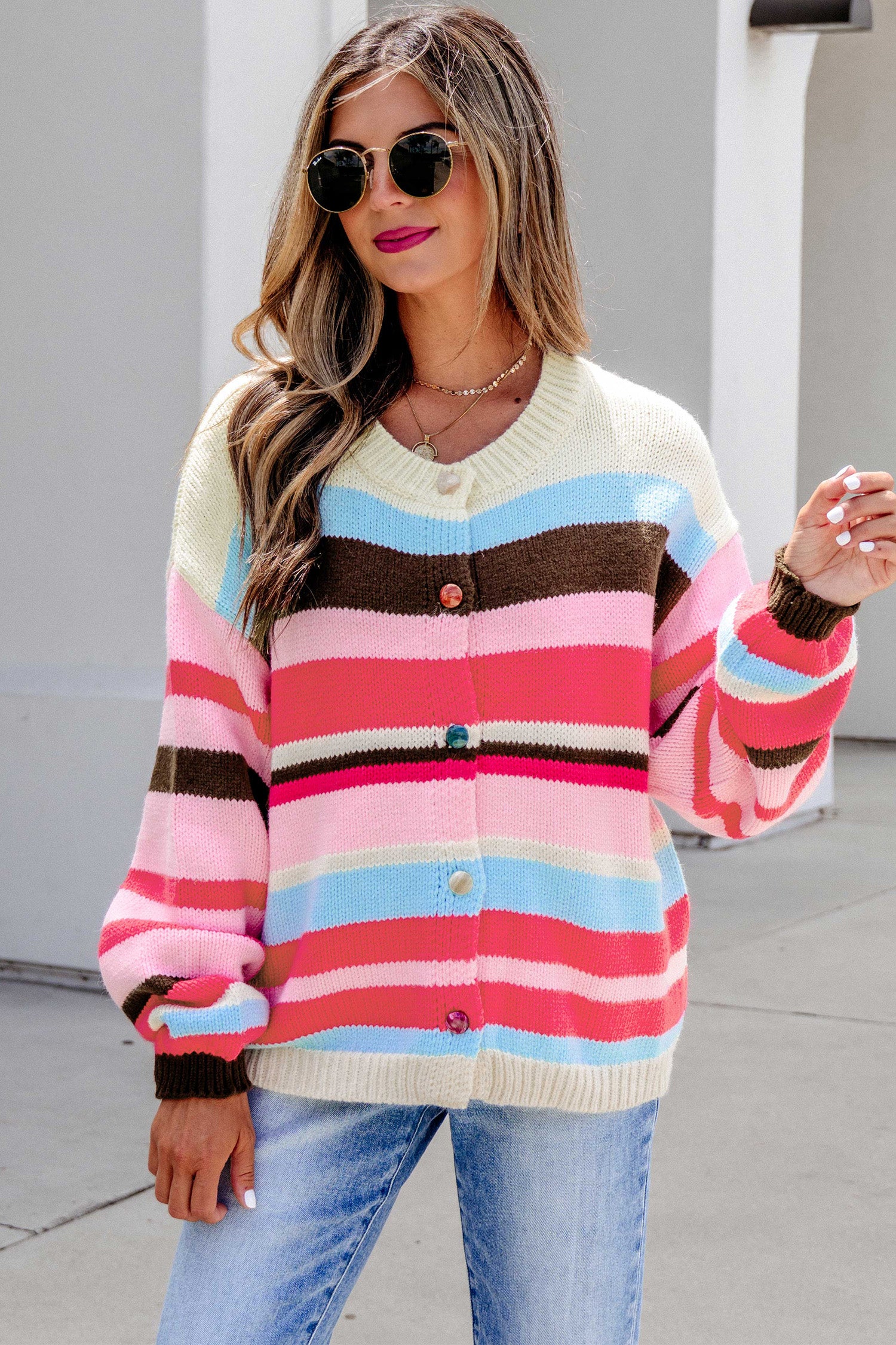 Pink Stripe Striped Colorblock Drop Shoulder Cardigan-Sweaters & Cardigans/Cardigans-[Adult]-[Female]-2022 Online Blue Zone Planet