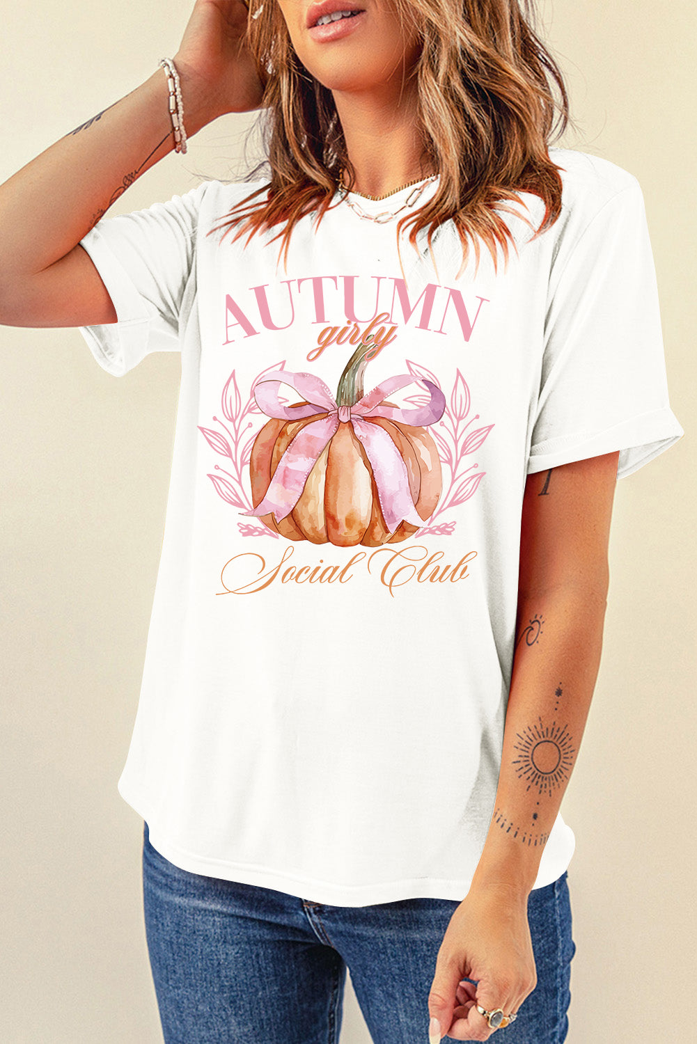 White Autumn Girly Thanksgiving Bowknot Pumpkin Graphic T Shirt-Graphic/Graphic Tees-[Adult]-[Female]-2022 Online Blue Zone Planet