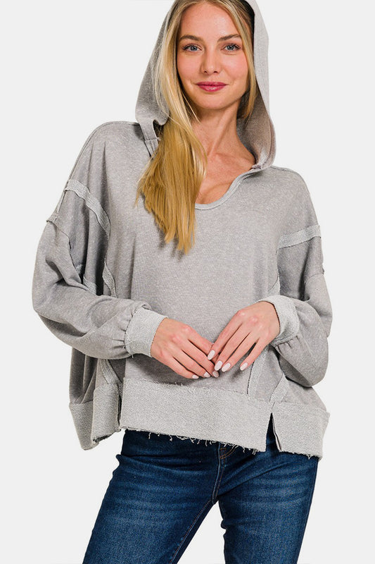 Zenana Contrast Trim Slit Hoodie-TOPS / DRESSES-[Adult]-[Female]-Grey-S/M-2022 Online Blue Zone Planet