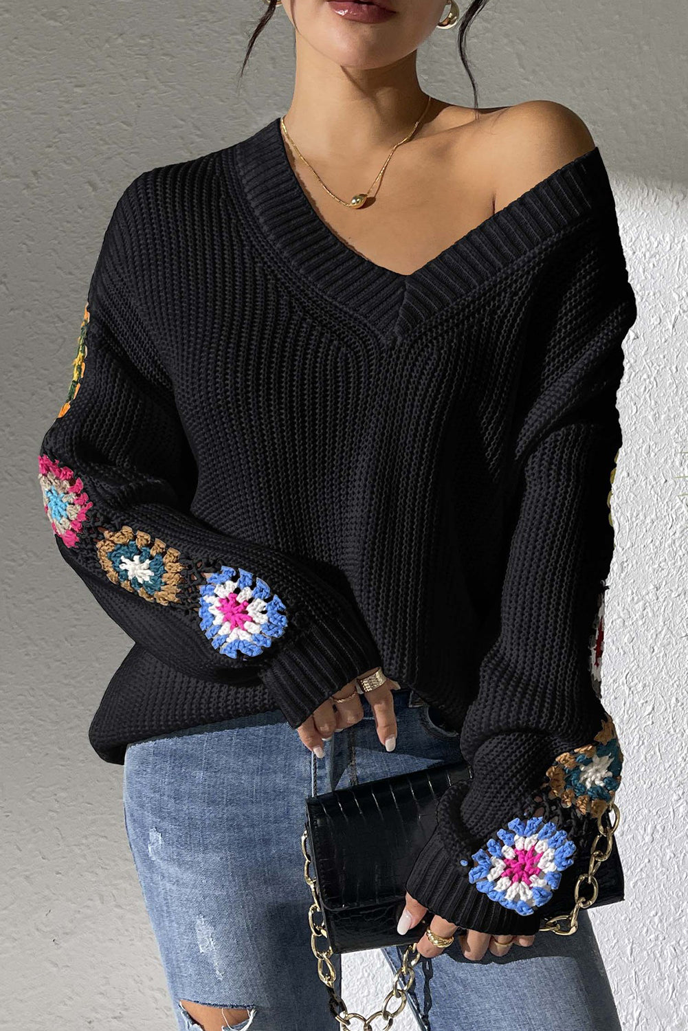 Blue Zone Planet | Black Crochet Flower Splicing V-Neck Pullover Sweater-Sweaters-[Adult]-[Female]-Black-S-2022 Online Blue Zone Planet