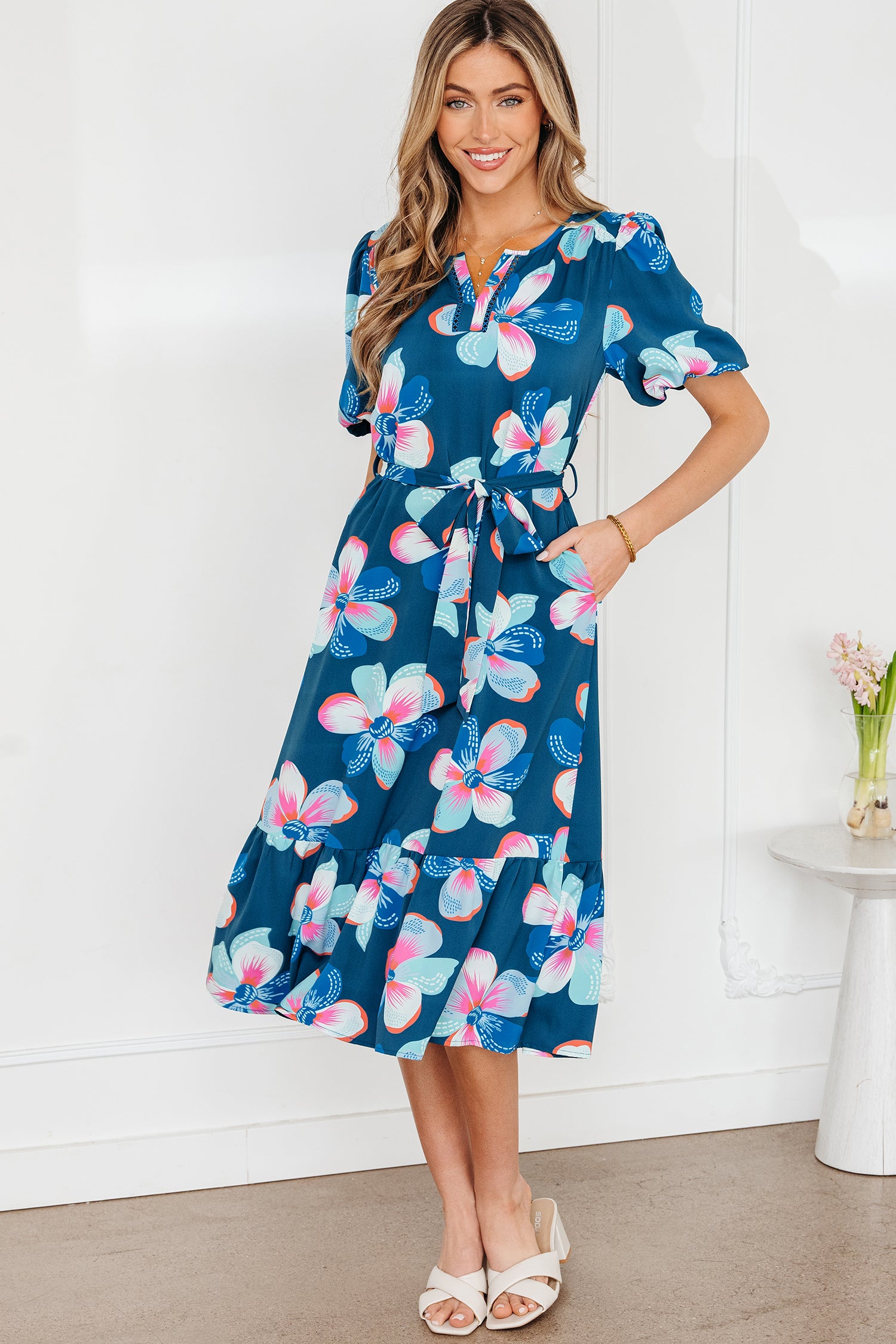 Blue Floral Print Short Puff Sleeve Ruffle Hem Belted Long Dress-TOPS / DRESSES-[Adult]-[Female]-2022 Online Blue Zone Planet
