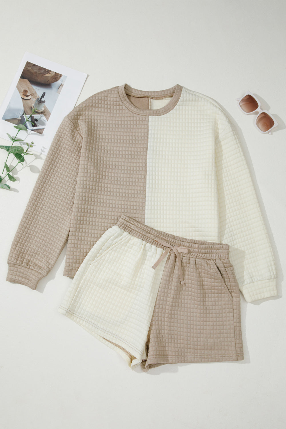 Khaki Color Block Patchwork Textured Long Sleeve Top 2pcs Short Set-Two Piece Sets/Short Sets-[Adult]-[Female]-2022 Online Blue Zone Planet