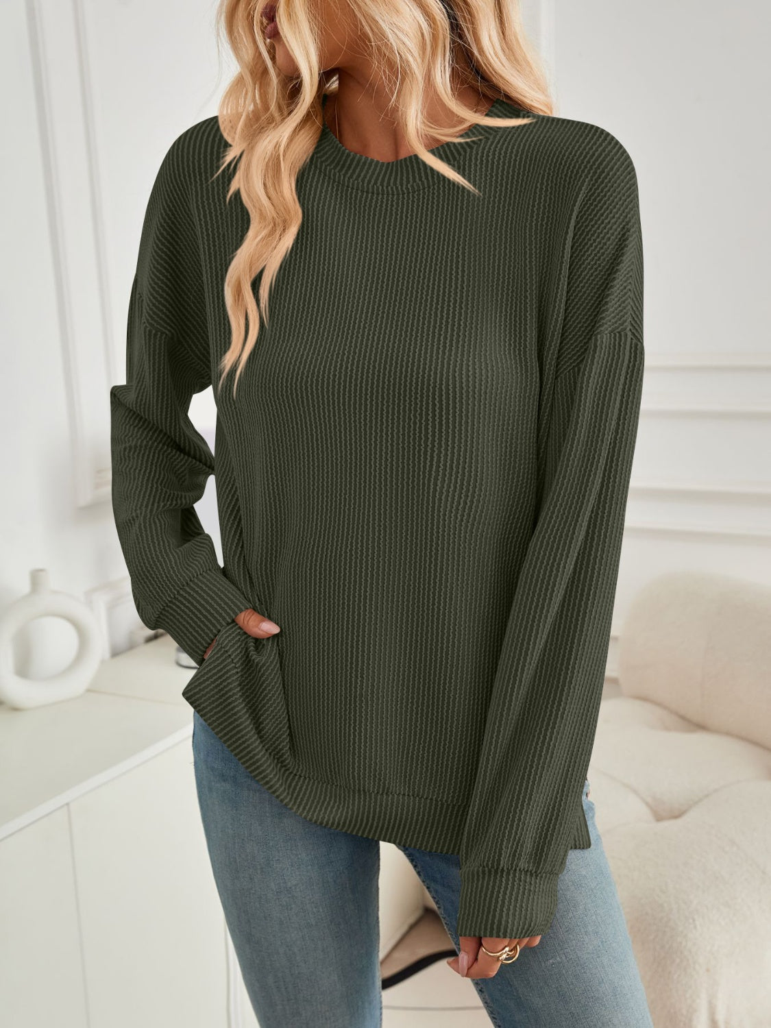 Blue Zone Planet | Lovelet Slit Round Neck Long Sleeve Sweatshirt-TOPS / DRESSES-[Adult]-[Female]-2022 Online Blue Zone Planet