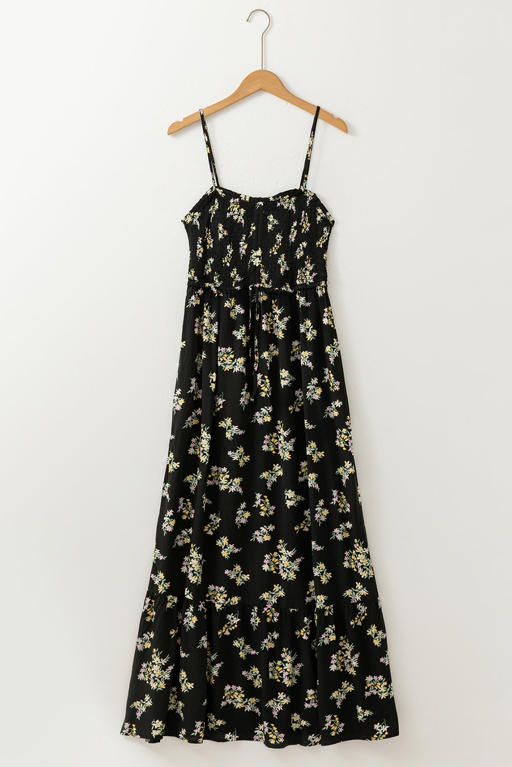 Black Floral Spaghetti Strap Shirred Bodice Tied Empire Waist Maxi Dress-TOPS / DRESSES-[Adult]-[Female]-2022 Online Blue Zone Planet