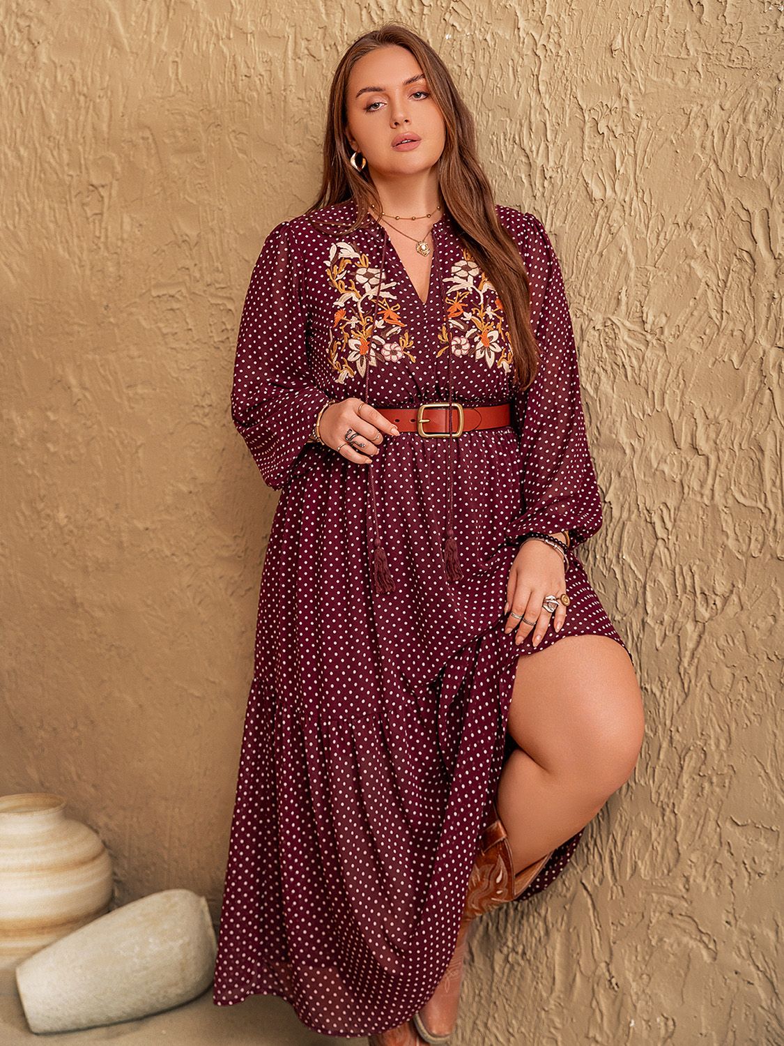 Plus Size Embroidered Polka Dot Tie Neck Long Sleeve Midi Dress-TOPS / DRESSES-[Adult]-[Female]-2022 Online Blue Zone Planet