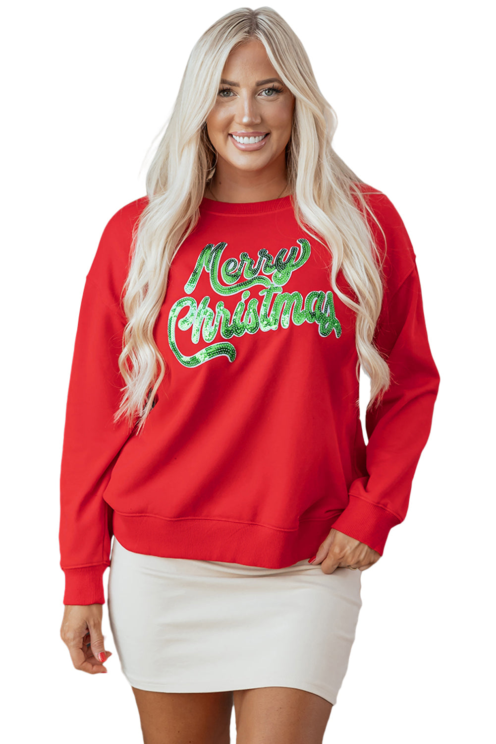 Blue Zone Planet | Red Merry Christmas Crewneck Drop Shoulder Loose Sweatshirt-Graphic/Graphic Sweatshirts-[Adult]-[Female]-2022 Online Blue Zone Planet