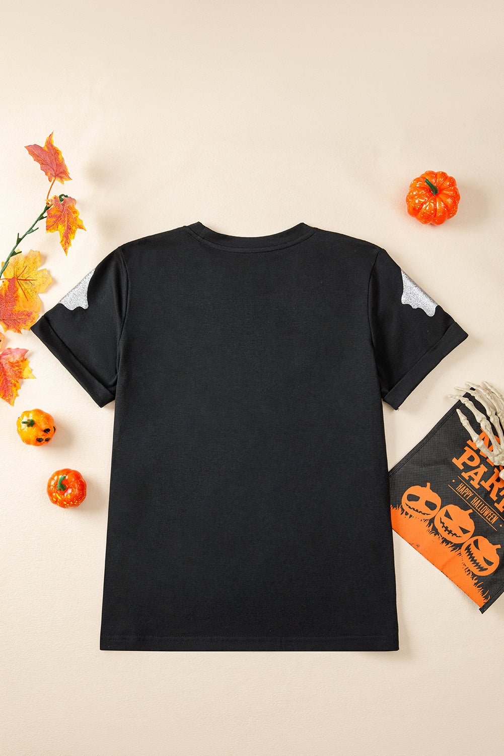 Black Glitter Ghost Pattern Crew Neck Halloween T Shirt-Graphic/Graphic Tees-[Adult]-[Female]-2022 Online Blue Zone Planet